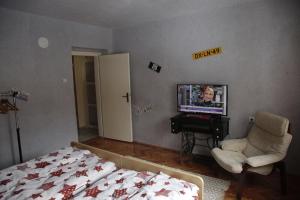 Schlafzimmer mit einem Bett, einem TV und einem Stuhl in der Unterkunft Ruta 34 in Gornji Milanovac