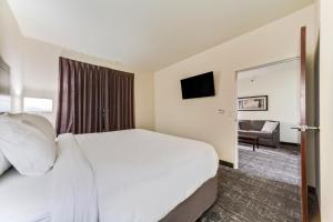 Cobblestone Hotel & Suites - Cozad في Cozad: غرفة فندقية بسرير كبير واريكة