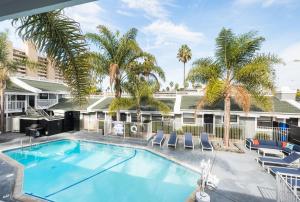 a swimming pool with chairs and palm trees at Beach Haven in San Diego