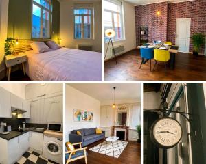 een collage van foto's van een slaapkamer en een woonkamer bij Charmant T2 Hyper-centre, Netflix, Gare in Amiens