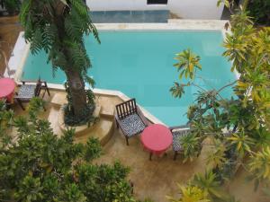 an overhead view of a pool with benches and tables at Jannat House in Lamu