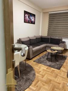 ein Wohnzimmer mit einem Sofa und einem Tisch in der Unterkunft Mirkovic Lux apartman in Niš
