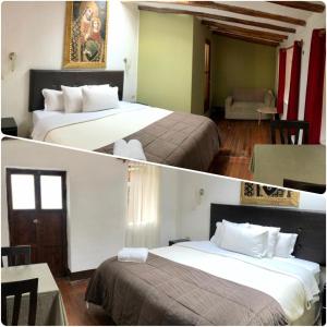 two pictures of a hotel room with two beds at Hostal Iskay in Ollantaytambo