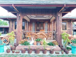 a porch with potted plants in front of a cabin at Vievan's transient house in Alaminos