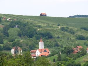 a small village on a hill with a church at Rooms Bolfan Vinski Vrh in Hrašćina