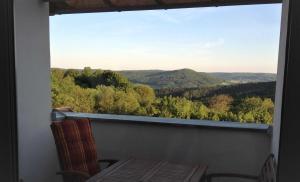 Zimmer mit einem Fenster und Blick auf die Bäume in der Unterkunft Familien & Ferien Wohnung by Holzbau Keller in Scheßlitz