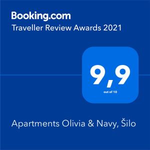 Certifikát, hodnocení, plakát nebo jiný dokument vystavený v ubytování Apartments Olivia & Navy, Šilo
