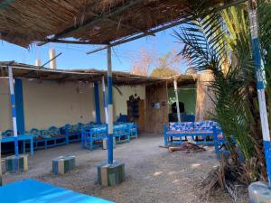 a group of blue benches in front of a building at Al Salam Camp in Luxor