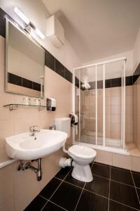 La salle de bains est pourvue d'un lavabo, de toilettes et d'une douche. dans l'établissement Hotel Nikola, à Vodice