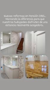 a collage of four pictures of a room at Pension Obel in Villava