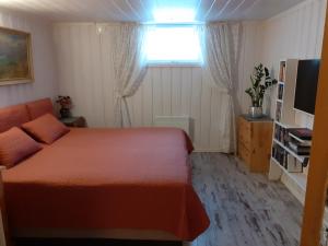 1 dormitorio con cama, ventana y TV en Irina & Paul House at Krokedal en Fetsund