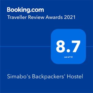 Simabo's Backpackers' Hostel tanúsítványa, márkajelzése vagy díja
