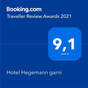 Certifikát, hodnocení, plakát nebo jiný dokument vystavený v ubytování Hotel Hegemann garni