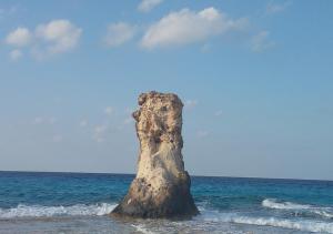 a rock sticking out of the water on the beach at شاليهات بورتو مطروح فيو بحر Porto Matrouh Sea View Families Only in Marsa Matruh