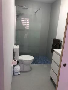 biała łazienka z toaletą i prysznicem w obiekcie APARTAMENTO CENTRAL 1 w Corralejo
