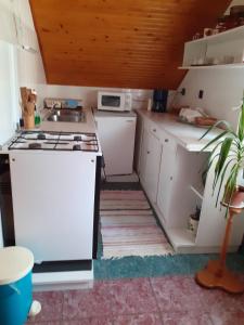 a kitchen with a white stove and a microwave at Miklai Ház in Szigliget