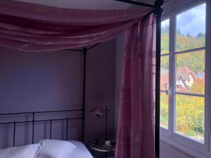 サント・マリー・オー・ミーヌにあるB&B La Clé d'Alsaceのベッドルーム(天蓋付きベッド1台、大きな窓付)