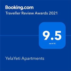 Сертификат, награда, вывеска или другой документ, выставленный в YelaYeti Apartments