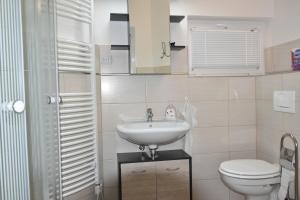 łazienka z umywalką i toaletą w obiekcie CSEVI Apartmanház w Mezőkövesd