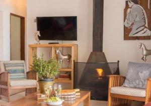 a living room with a television and a fireplace at Guest House Mooigezicht in Clarens