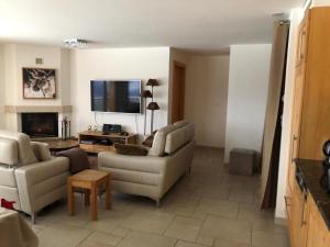 a living room with a couch and a tv at Appartement Haute Nendaz met fantastisch uitzicht in Nendaz