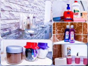 a collage of four pictures of a bathroom with items at ApartPoltava Будиночок з мангалом та терасою, Оглядовий майданчик, банківський чек in Poltava