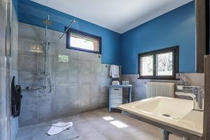 een blauwe badkamer met een bad en een douche bij Le Relais Des Chartreuses in Le Boulou