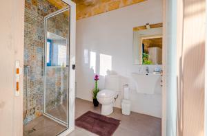 a bathroom with a shower and a toilet and a sink at Fiftyfour West Boutique Living in Għarb