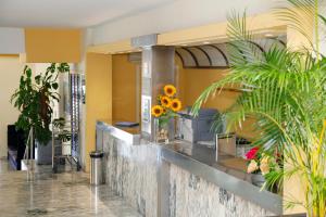 a lobby with plants and flowers on a counter at Roc Portonova Apartaments in Palmanova
