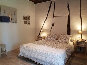 1 dormitorio con 1 cama y 2 mesas con lámparas en Maison d'hôtes De La Boissière, en Andillac