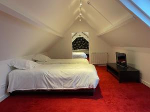 a attic bedroom with two beds and a television at B&B Het Doctershoes in Kinrooi