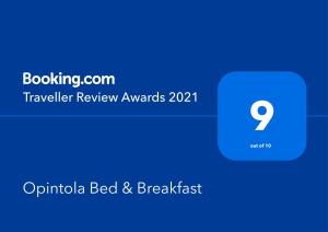 Palkinto, sertifikaatti, kyltti tai muu asiakirja, joka on esillä majoituspaikassa Opintola Bed & Breakfast