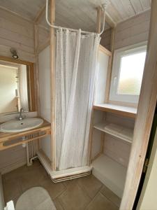 a bathroom with a shower curtain and a sink at Village de gites Mas de la Bastide in Joyeuse