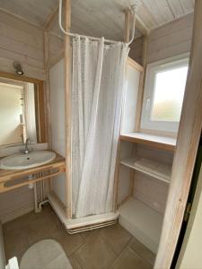 bagno con tenda per la doccia e lavandino di Village de gites Mas de la Bastide a Joyeuse