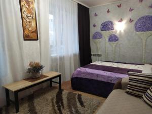 フメリヌィーツィクィイにあるApartment on Sobornaya 58のベッドルーム(紫色のベッド1台、ソファ付)