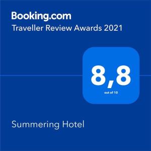 Certifikát, hodnocení, plakát nebo jiný dokument vystavený v ubytování Summering Hotel