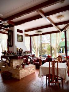 a living room with a table and a fireplace at Casa Jasmine in Braşov