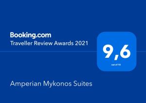 Certifikát, ocenenie alebo iný dokument vystavený v ubytovaní Amperian Mykonos Suites & Villas