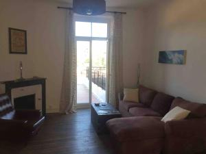 モンモリヨンにある2 Bed-Roof Terrace-Town Centre-Petsのソファと暖炉のあるリビングルーム