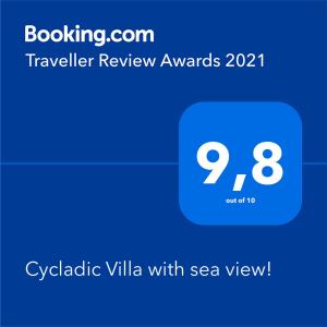 Sertifikatas, apdovanojimas, ženklas ar kitas apgyvendinimo įstaigoje Cycladic Villa with sea view! matomas dokumentas