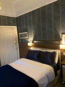 een slaapkamer met een groot bed met blauwe kussens bij Upstairs Studio - Private kitchenette and Small en-suite in Dublin