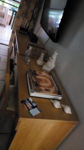 a table with a book and some pictures on it at Aquaville - Porto das Dunas in Aquiraz