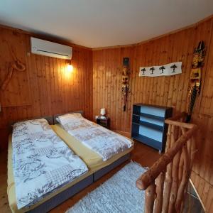 ein Schlafzimmer mit einem Bett und einem Fernseher darin in der Unterkunft Ancsi Apartmanház in Balatonlelle