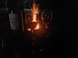 dos copas de vino sentadas junto a una botella de vino en Ecopradera, en San José del Guaviare