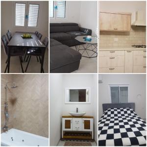 a collage of photos of a kitchen and a living room at Suit November in Majdal Shams