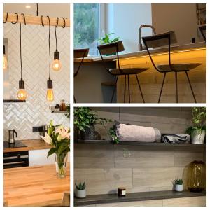 three pictures of a kitchen with a table and a chair at Apartment Chinook,La Praz,Chamonix Mont Blanc in Chamonix