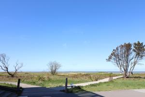 una carretera con árboles al lado de un campo en Haus Nordseebrandung, en Cuxhaven