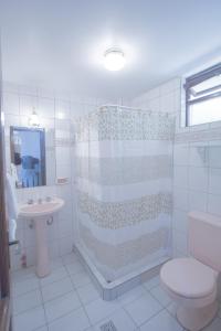 a bathroom with a shower and a toilet and a sink at Hostal España in Sucre