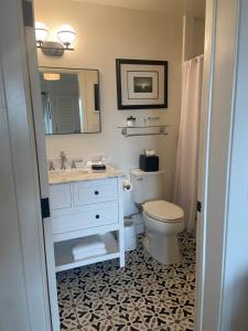 a bathroom with a toilet and a sink and a mirror at Casa Tropicana in San Clemente