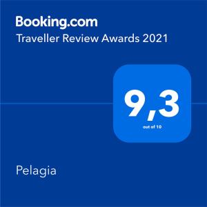 a screenshot of a text box with a travel review award at Pelagia in Marathokampos